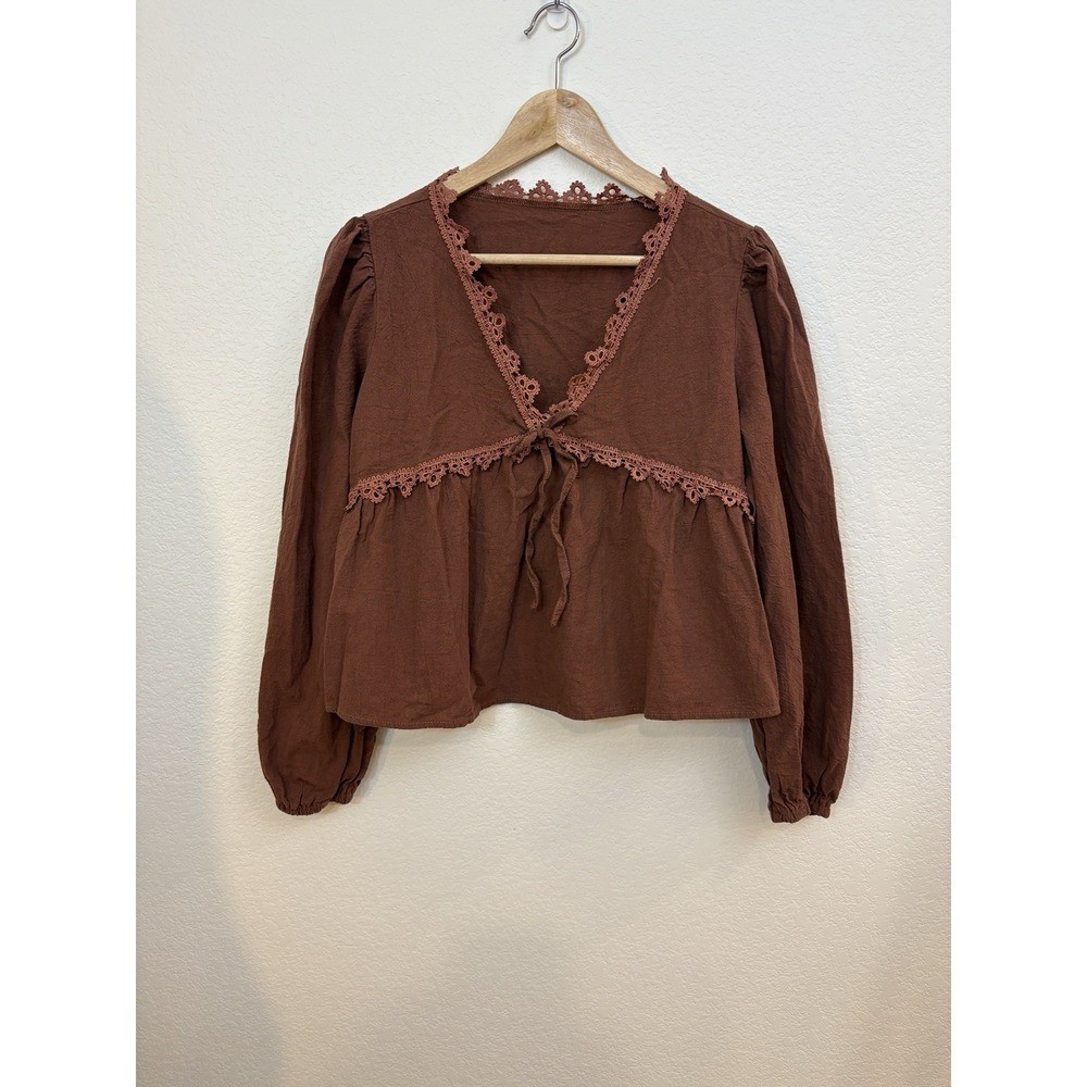 Boho Peasent Crop Top Blouse Sz Xs Brown Lace Empire Cottagecore Forest Fairy